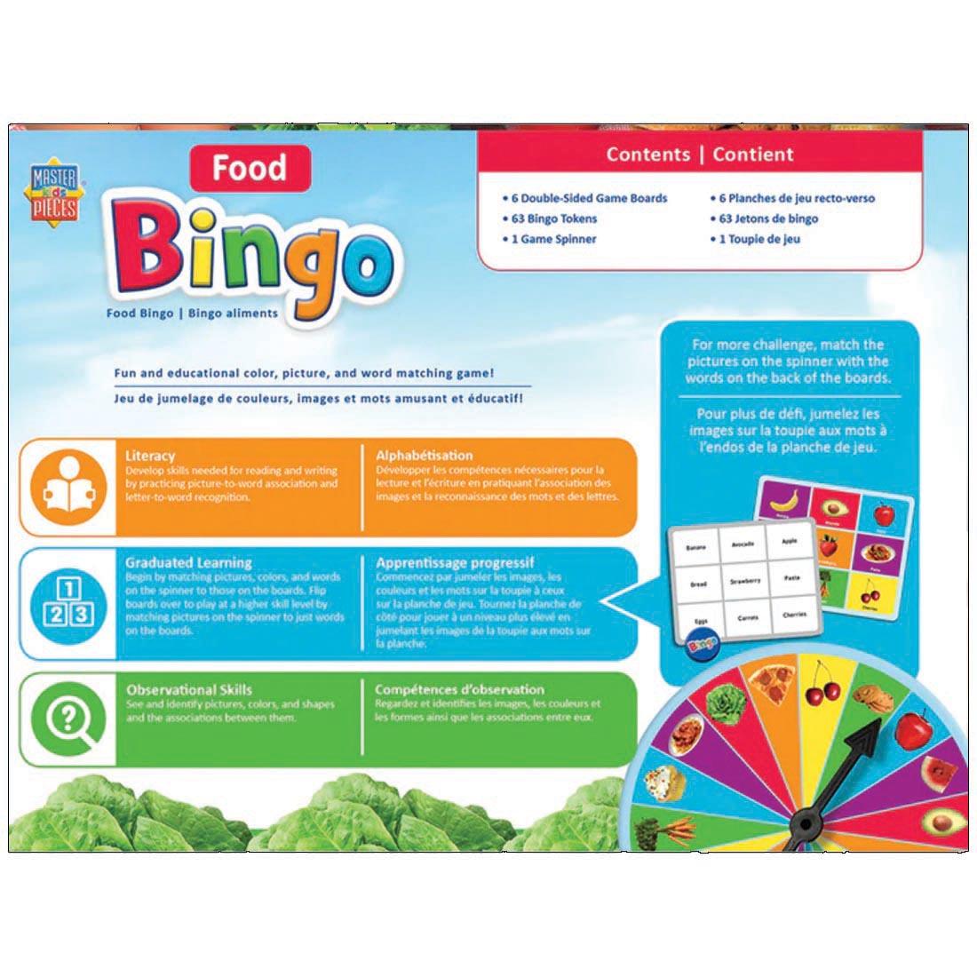 back of package for the Food Bingo Game By MasterPieces