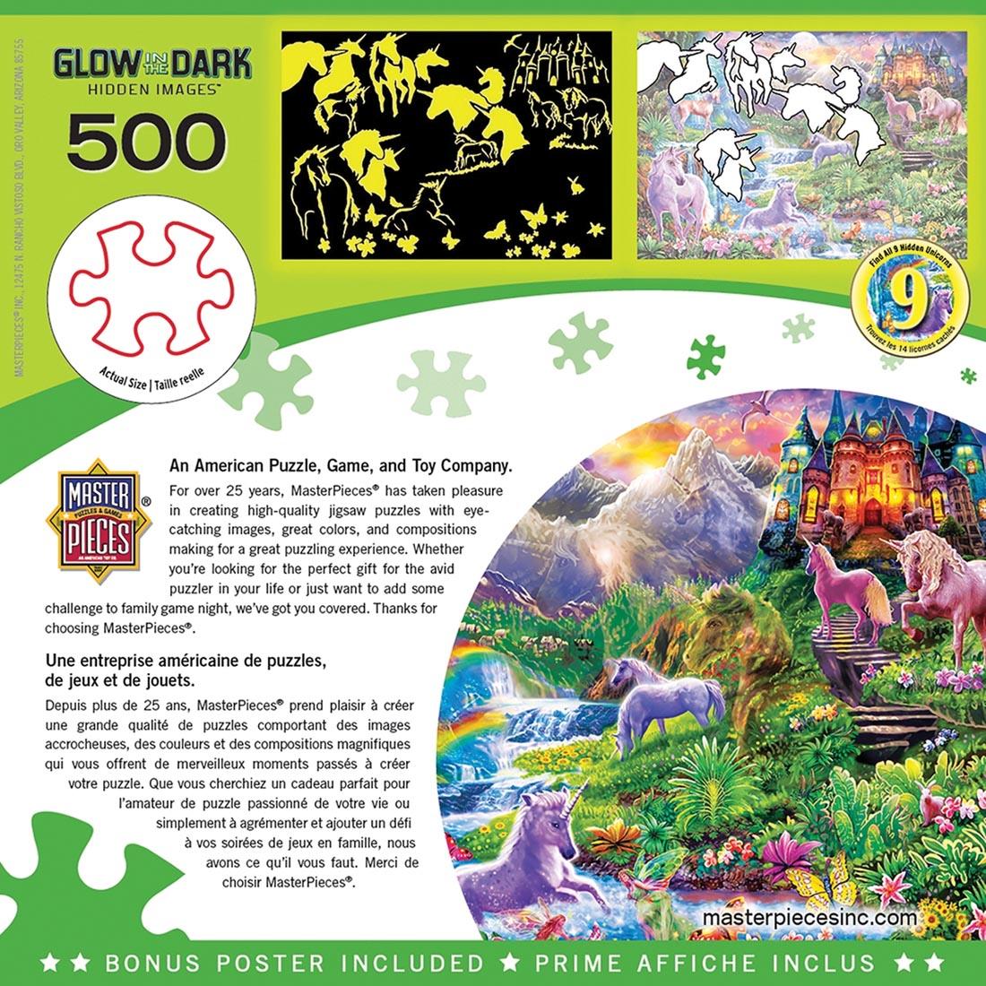 back of package of the Hidden Images Series Glow In The Dark Unicorns Retreat 500-Piece Puzzle by MasterPieces