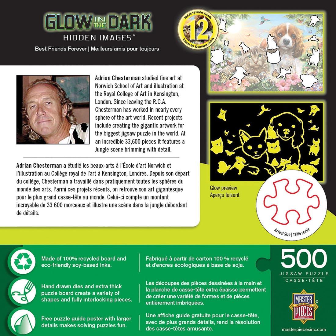 Back of package of the Hidden Images Series Glow In The Dark Best Friends Forever 500-Piece Puzzle by MasterPieces