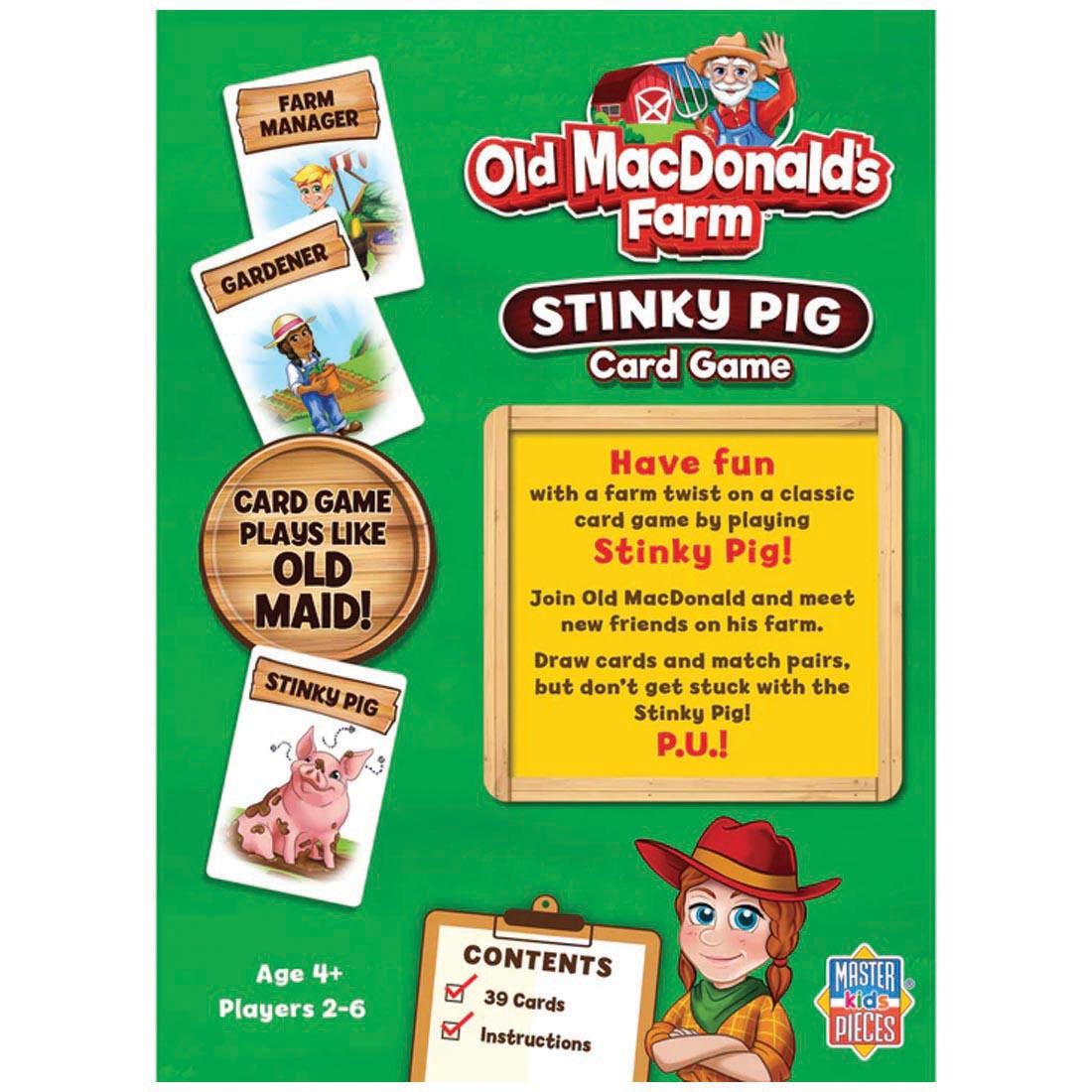 back of package for the Old MacDonald's Farm Stinky Pig Card Game By MasterPieces