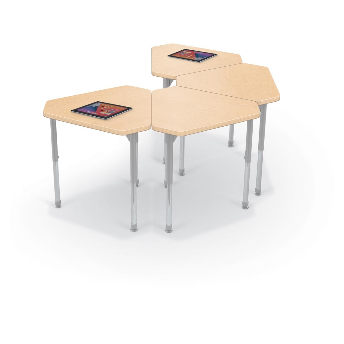4 Fusion Maple MooreCo Hierarchy Standard Monroe Desks, two with a tablet on top
