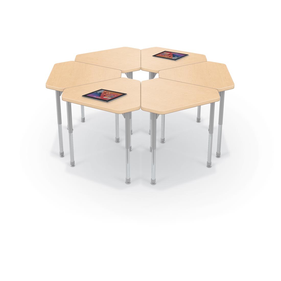 6 Fusion Maple MooreCo Hierarchy Standard Monroe Desks, two with tablets on top