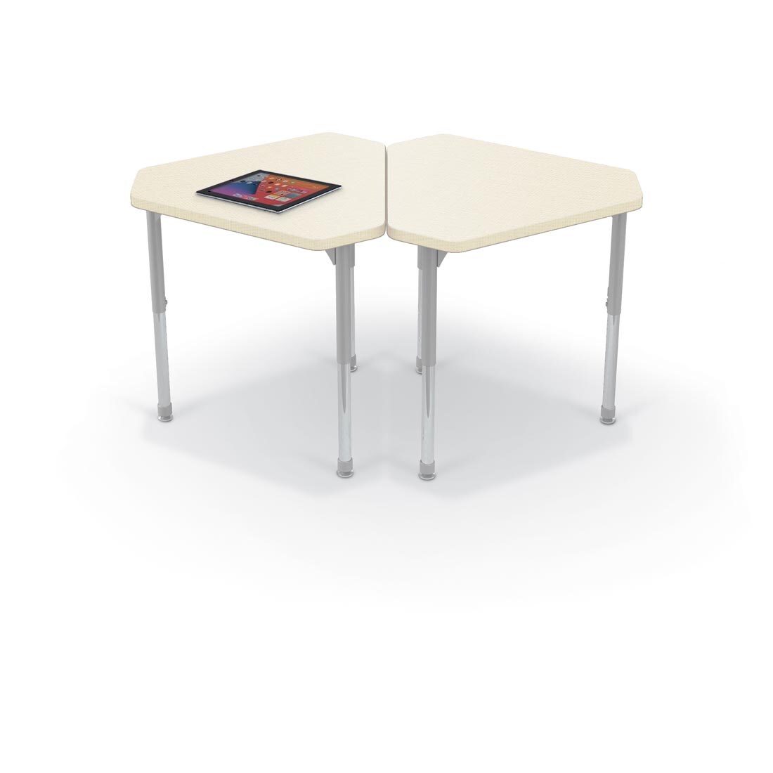 2 Neutral Weft MooreCo Hierarchy Standard Monroe Desks, one with a tablet on top