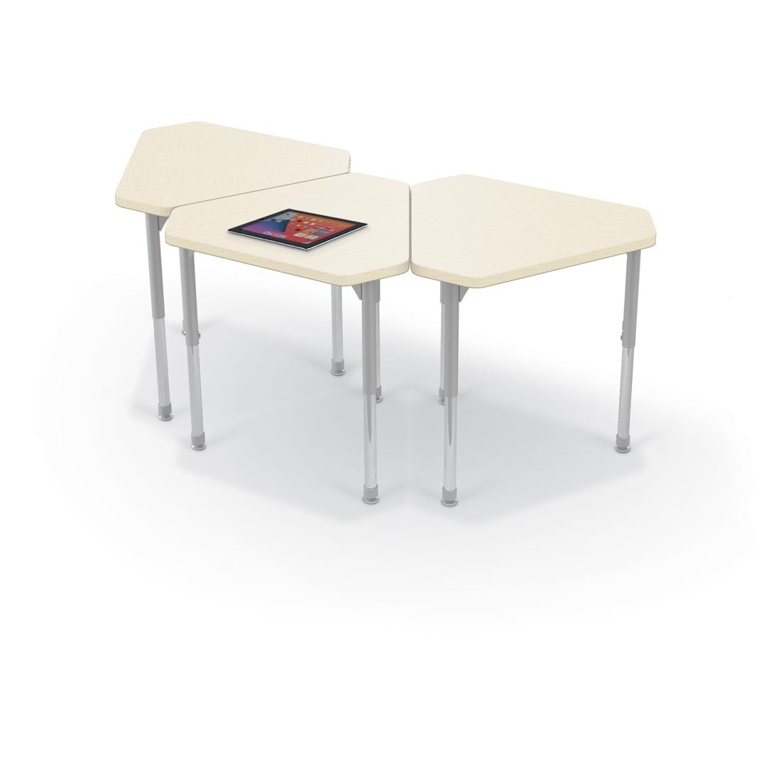3 Neutral Weft MooreCo Hierarchy Standard Monroe Desks, one with a tablet on top