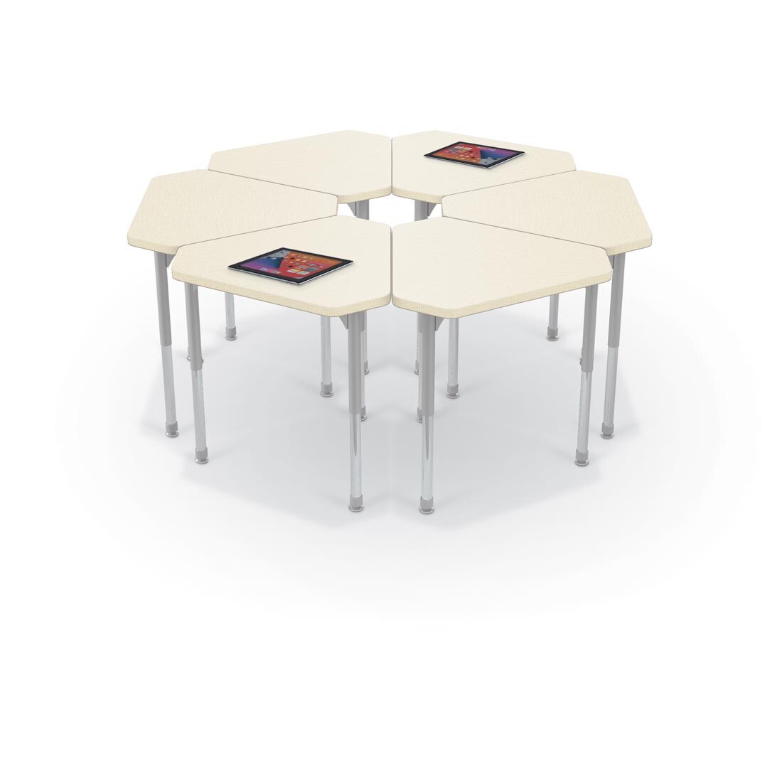 6 Neutral Weft MooreCo Hierarchy Standard Monroe Desks, two with tablets on top