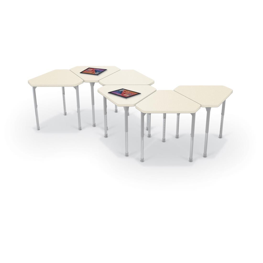 6 Neutral Weft MooreCo Hierarchy Standard Monroe Desks, two with tablets on top