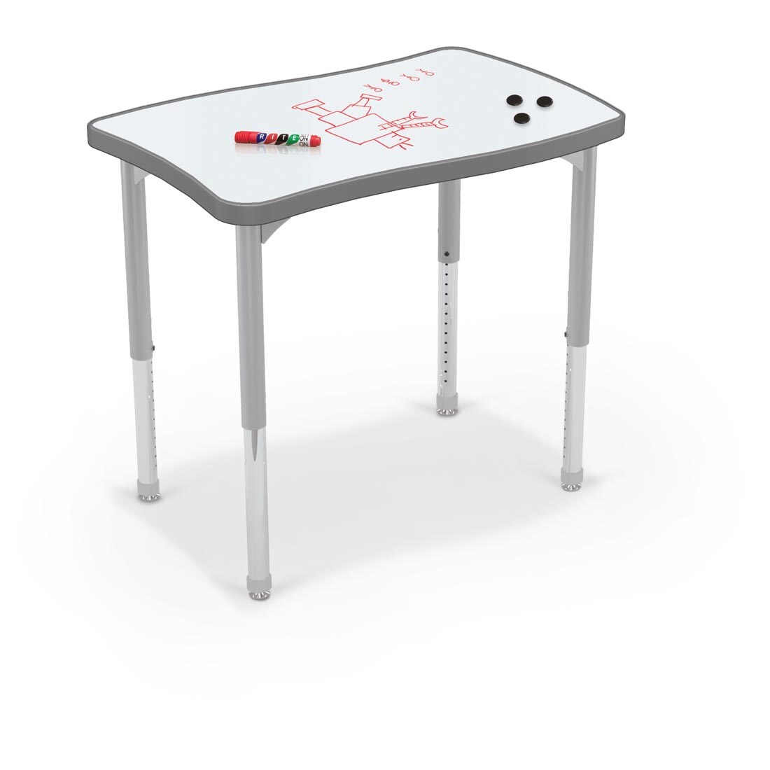 MooreCo Hierarchy Creator Wavy Rectangle Desk With Porcelain Steel Top And Platinum Legs with a marker, 3 round magnets and a dry-erase drawing on top