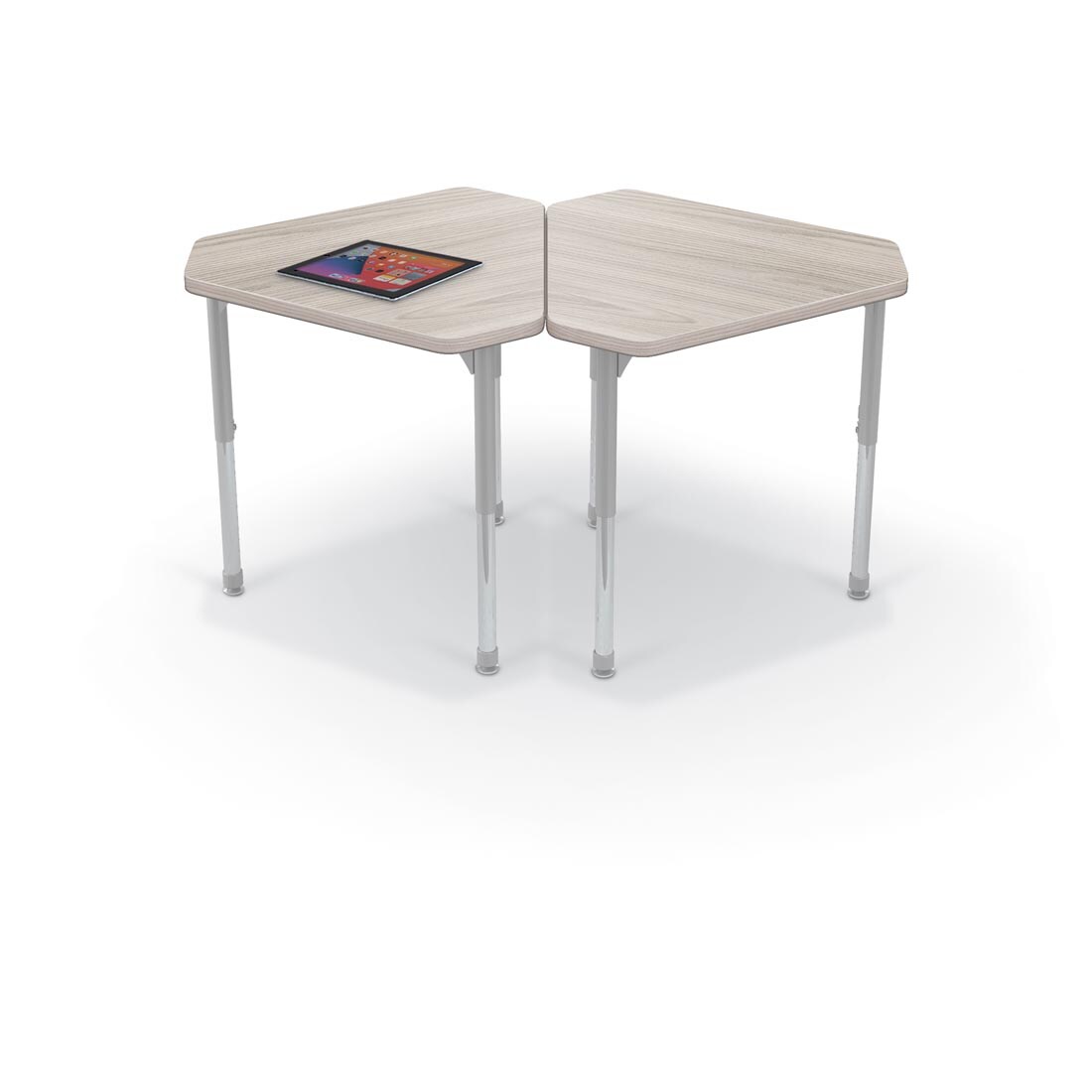 2 Grey Elm MooreCo Hierarchy Small Monroe Desks, one with a tablet on top