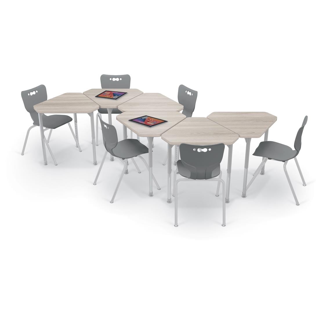 6 Grey Elm MooreCo Hierarchy Small Monroe Desks, two with tablets on top; surrounded by chairs