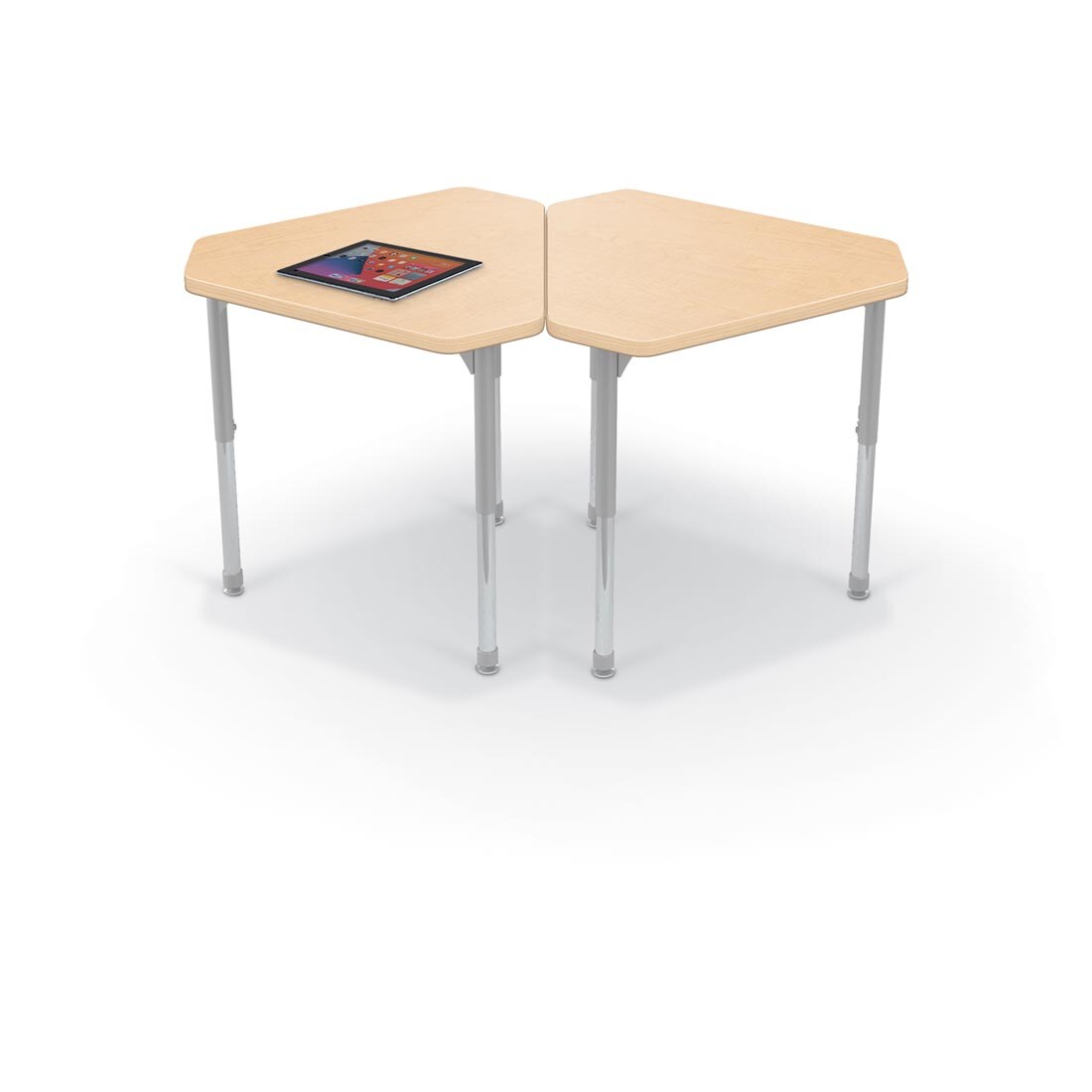 2 Fusion Maple MooreCo Hierarchy Small Monroe Desks, one with a tablet on top