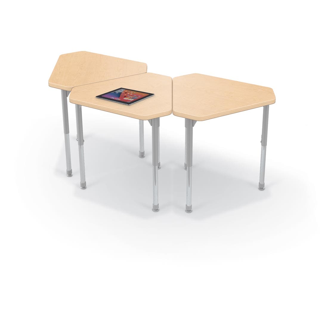 3 Fusion Maple MooreCo Hierarchy Small Monroe Desks, one with a tablet on top