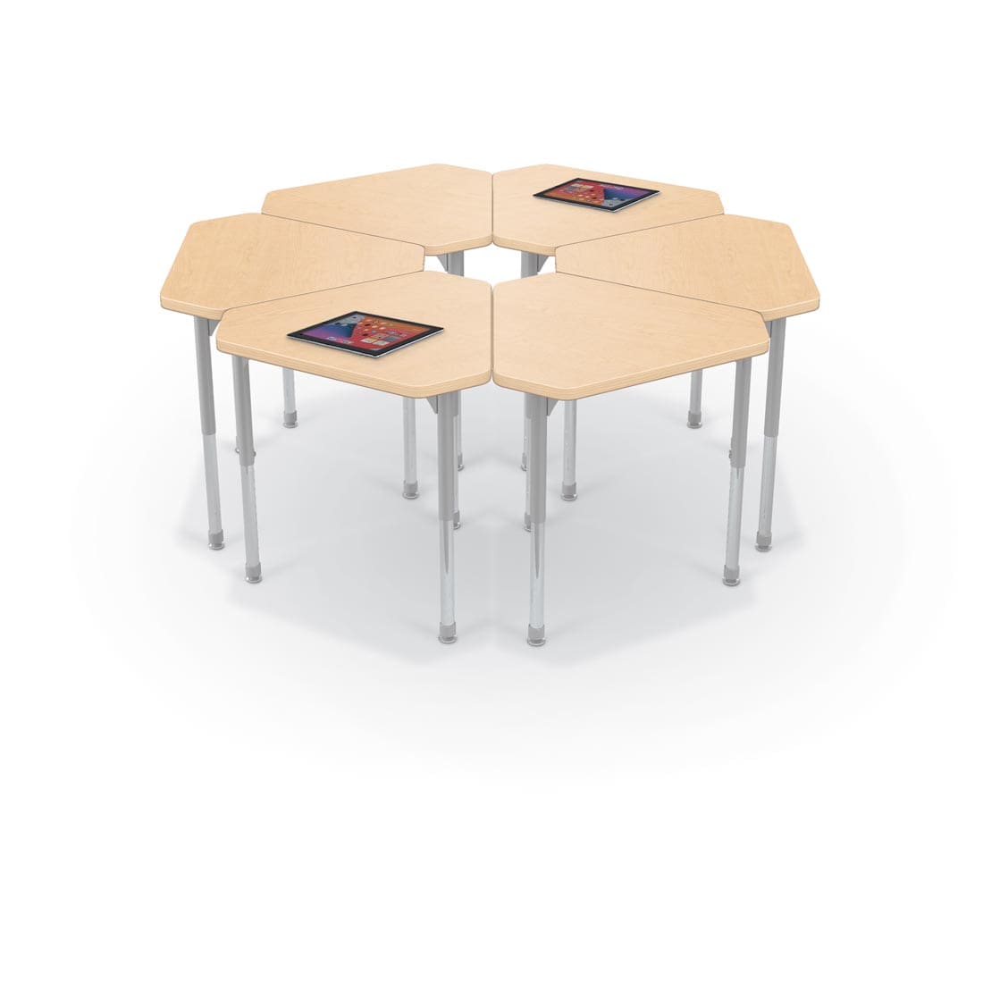 6 Fusion Maple MooreCo Hierarchy Small Monroe Desks, two with tablets on top