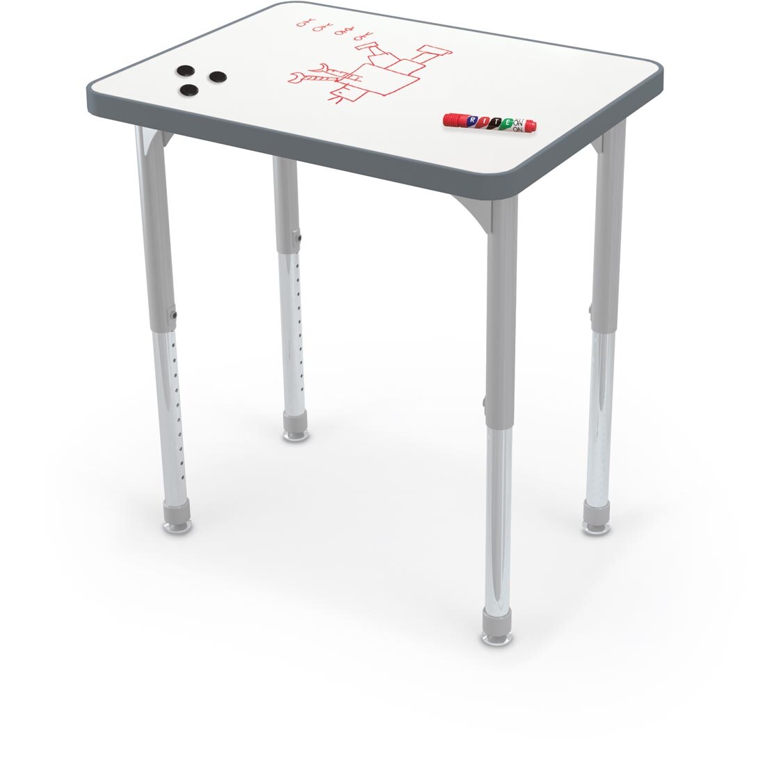 MooreCo 18-24" Tall Rectangle Desk With Porcelain Steel Top with a marker, 3 round magnets and a dry-erase drawing on top