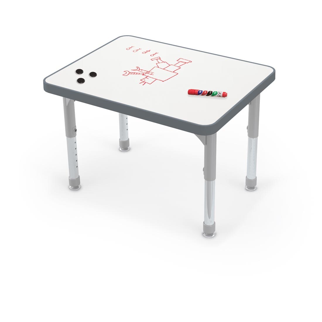 MooreCo 12-18" Tall Rectangle Desk With Porcelain Steel Top; marker, 3 round magnets and a dry-erase drawing on the surface