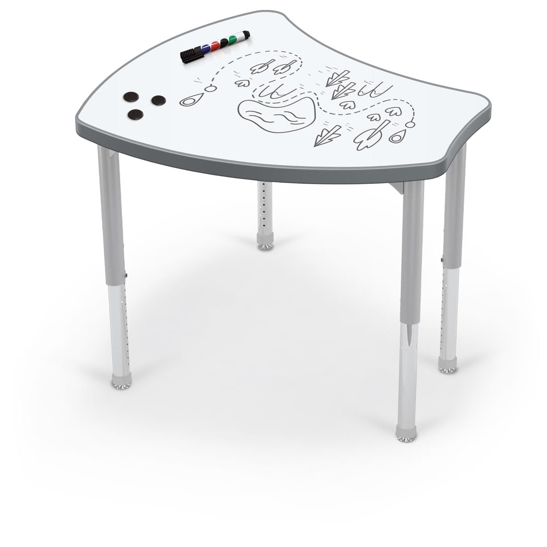 MooreCo Hierarchy Shapes Desk With Porcelain Steel Top And Platinum Legs; a marker, 3 round magnets and a dry-erase drawing are sitting on top