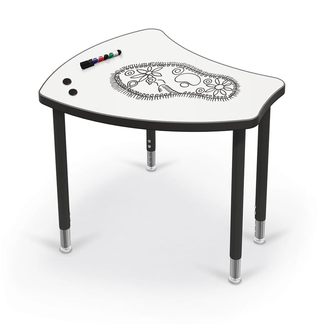 MooreCo Hierarchy Shapes Desk With Porcelain Steel Top And Black Legs; a marker, 2 round magnets and a dry-erase drawing on top