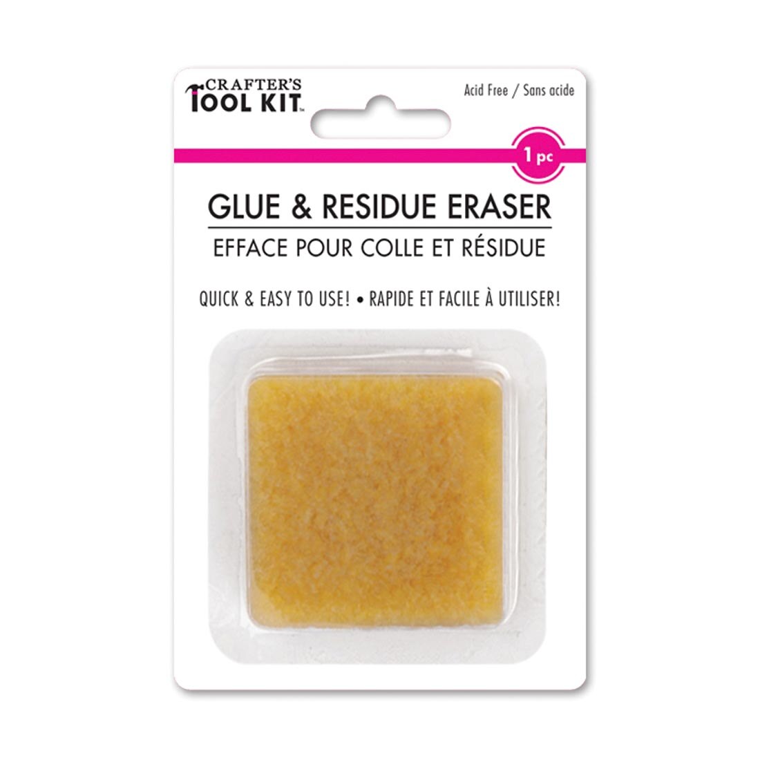 Square of Glue & Residue Eraser inside blister card packaging