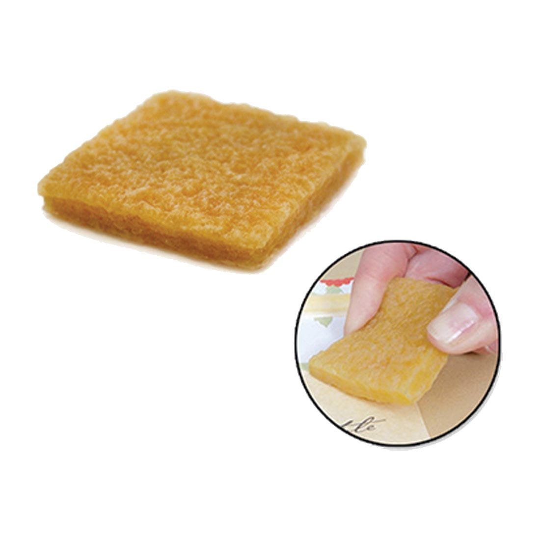 Square of Glue & Residue Eraser, with an inset of hand using the eraser on artwork