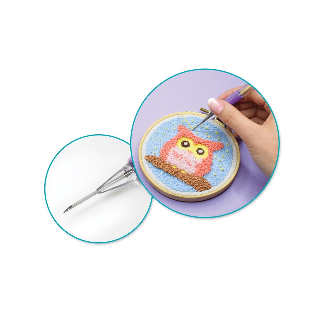 hand using a Punch Needle on tapestry of an owl, plus a closeup inset of the punch needle