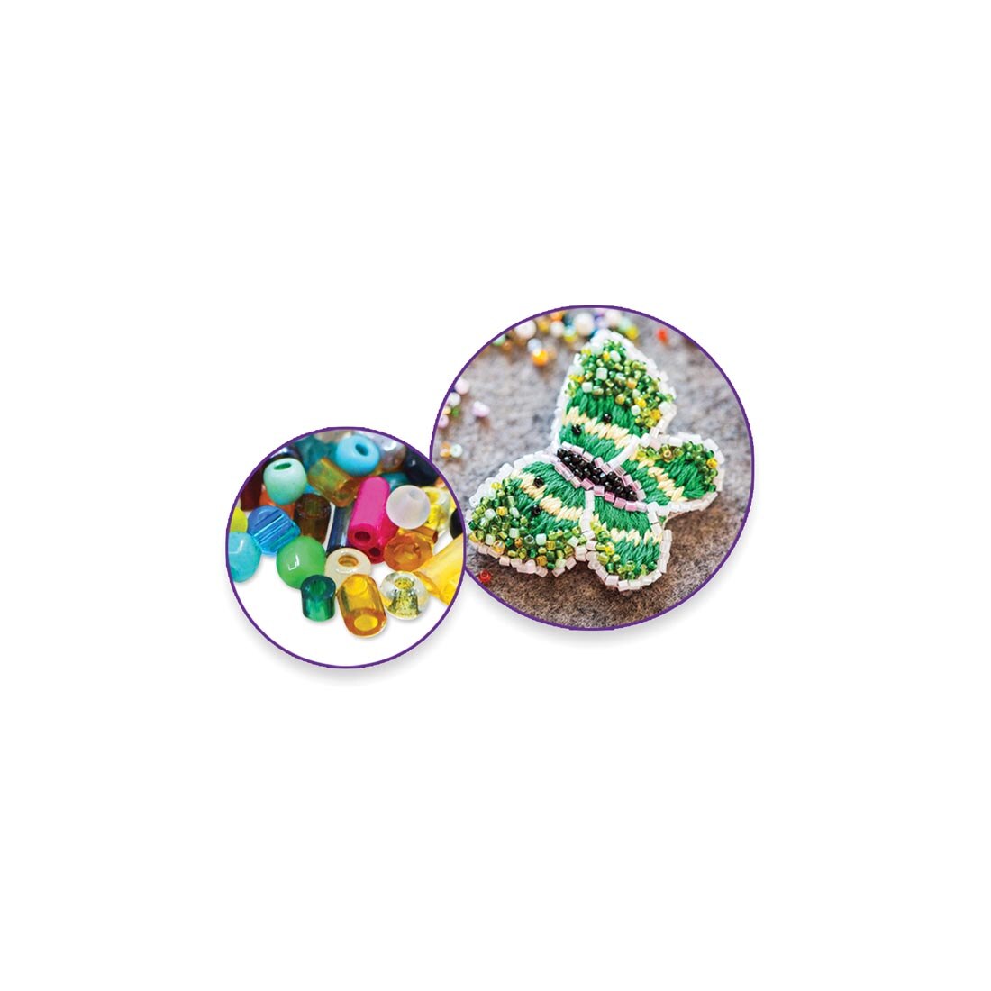 example of butterfly made with beads from the Glass Beads Seed & Bugle Value Pack plus closeup of some of the beads