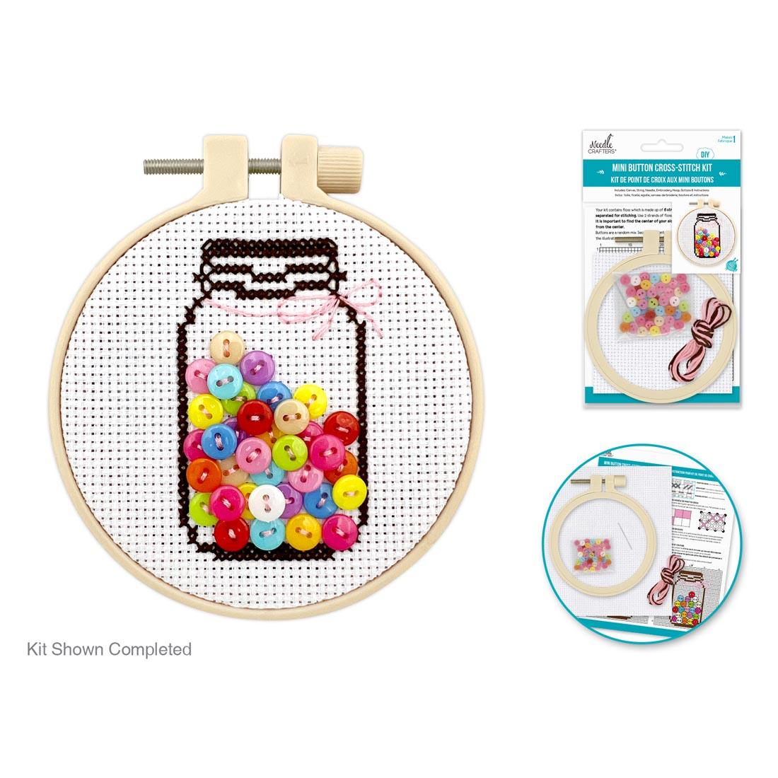 Complete Mason Jar Mini Button Cross Stitch in hoop, with insets of packaging and contents