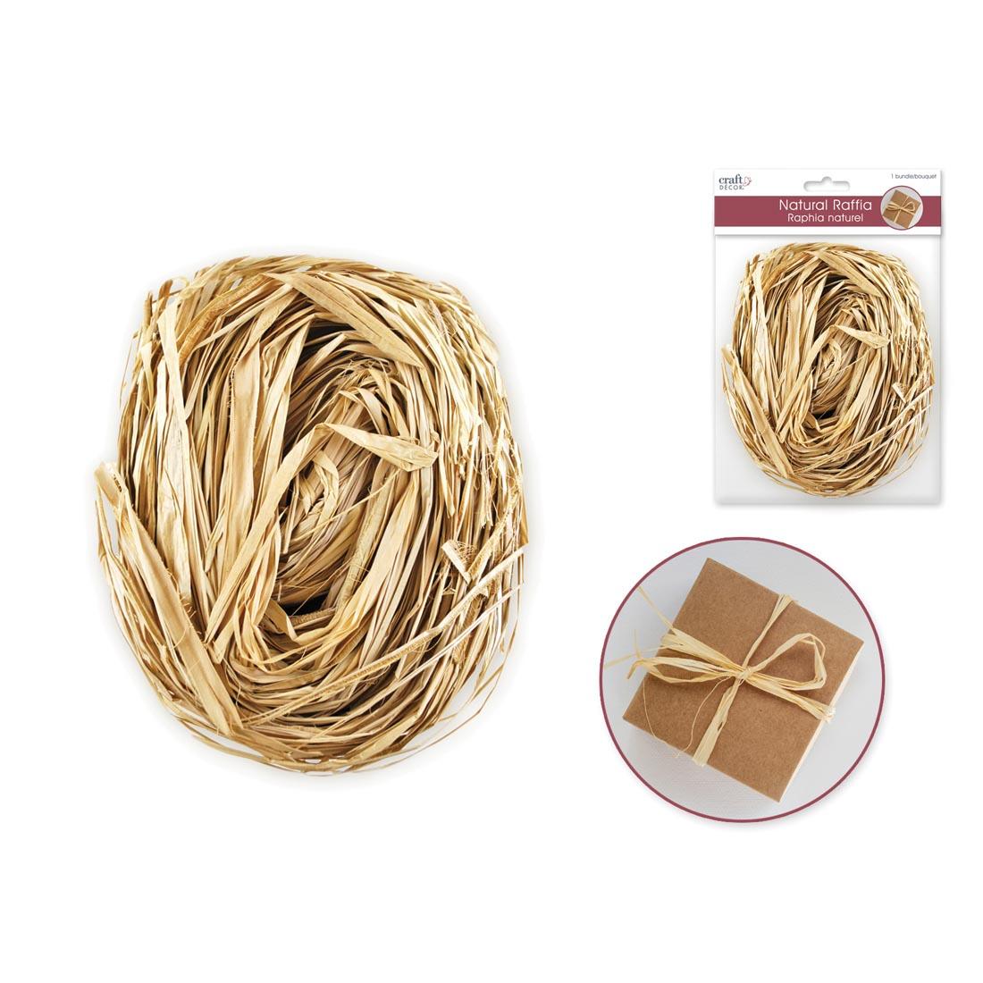 Bundle of Craft Decor Natual Raffia, with insets of bundle in package and example of using it to tie a bow around a box