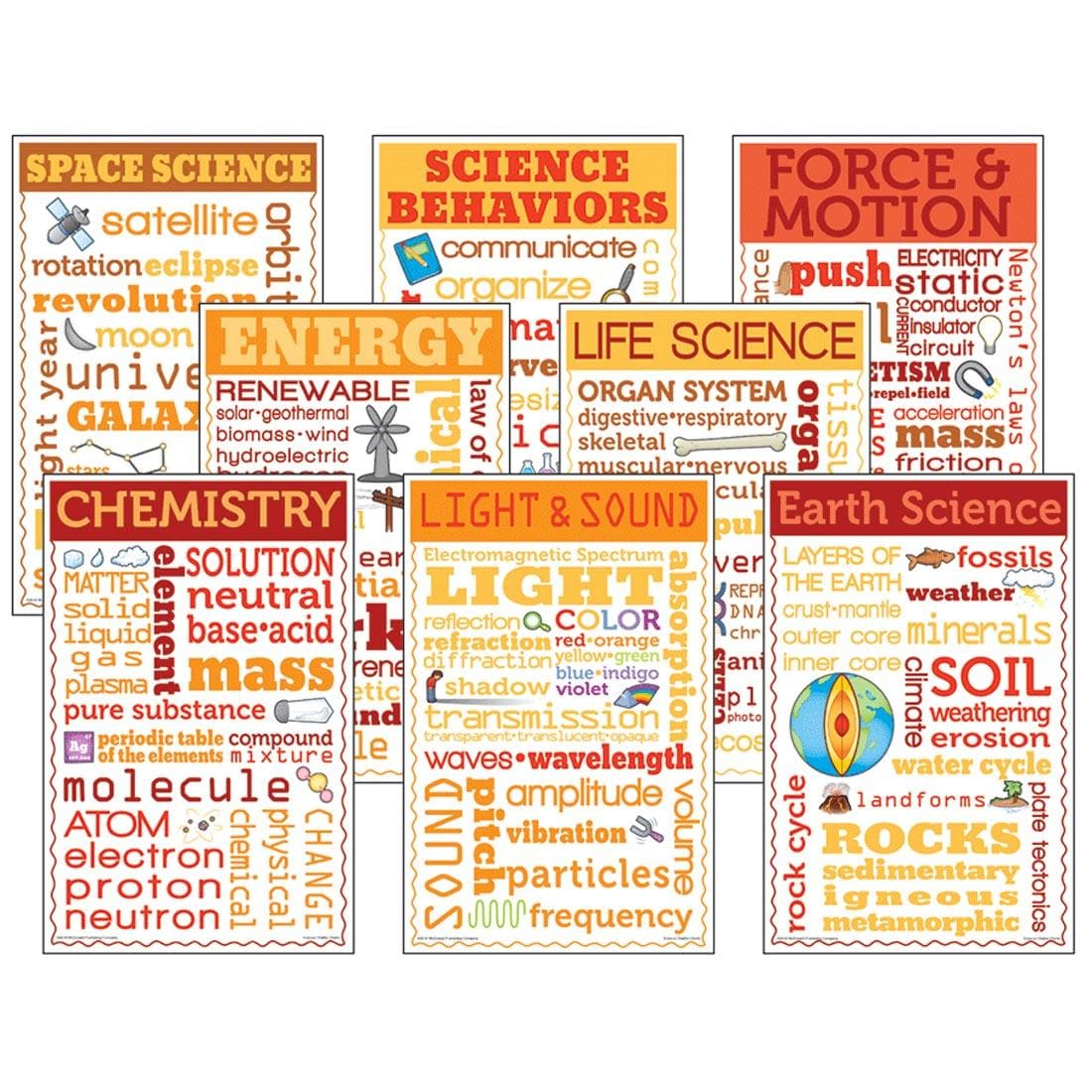 Set of 8 posters called Science Chatter Charts