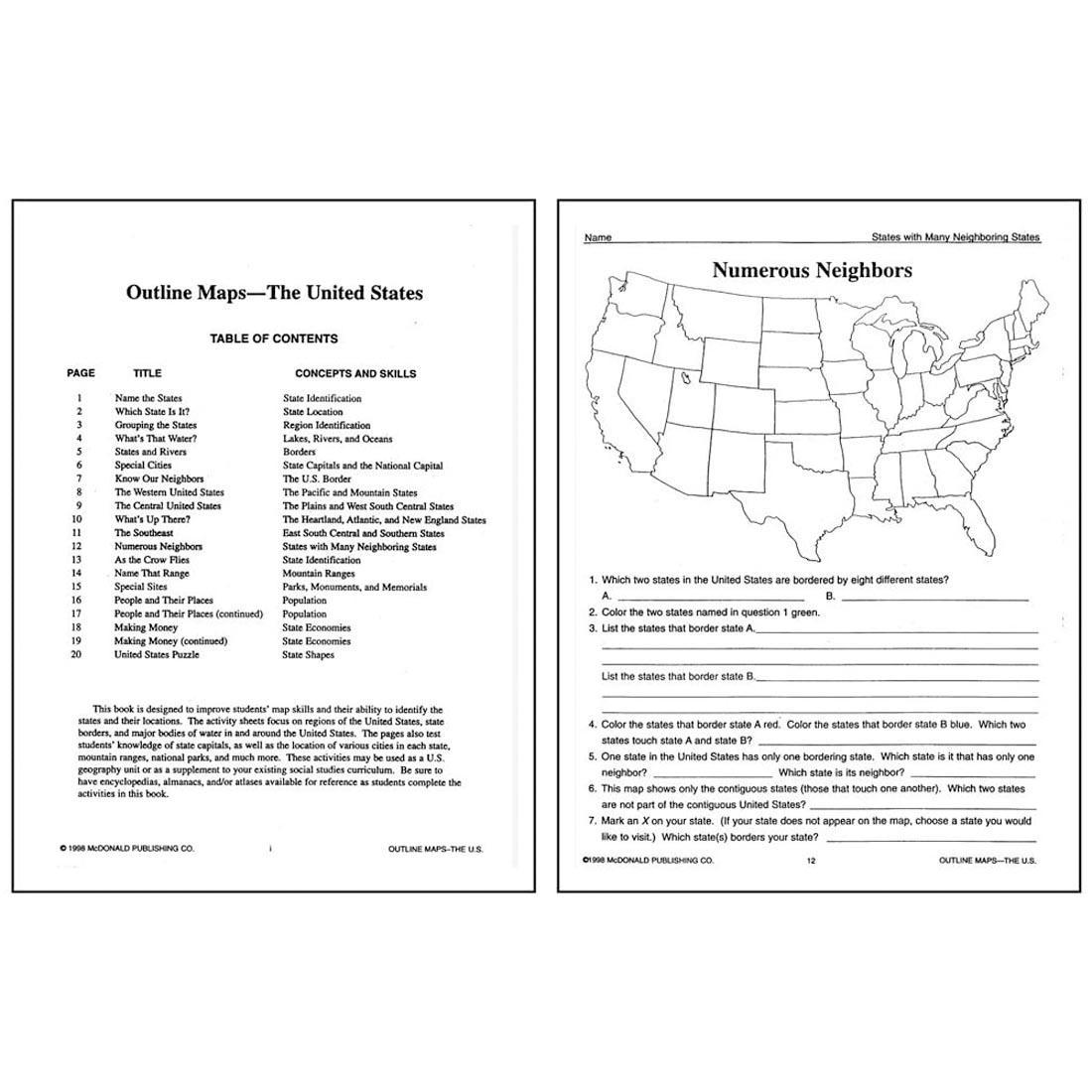 Sample inside pages from Outline Maps: The United States book