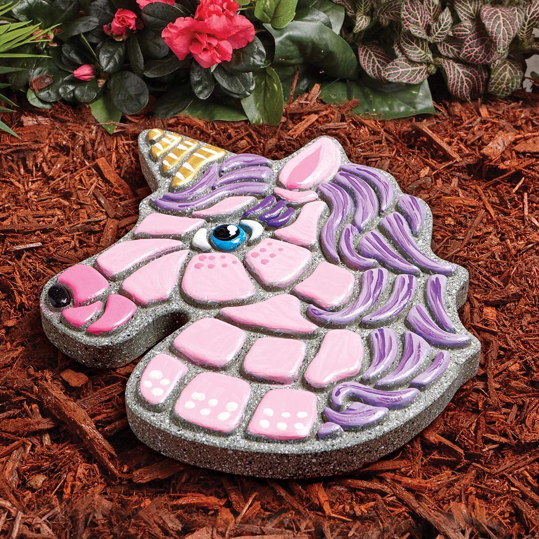 A completed Paint Your Own Stepping Stone Unicorn Kit