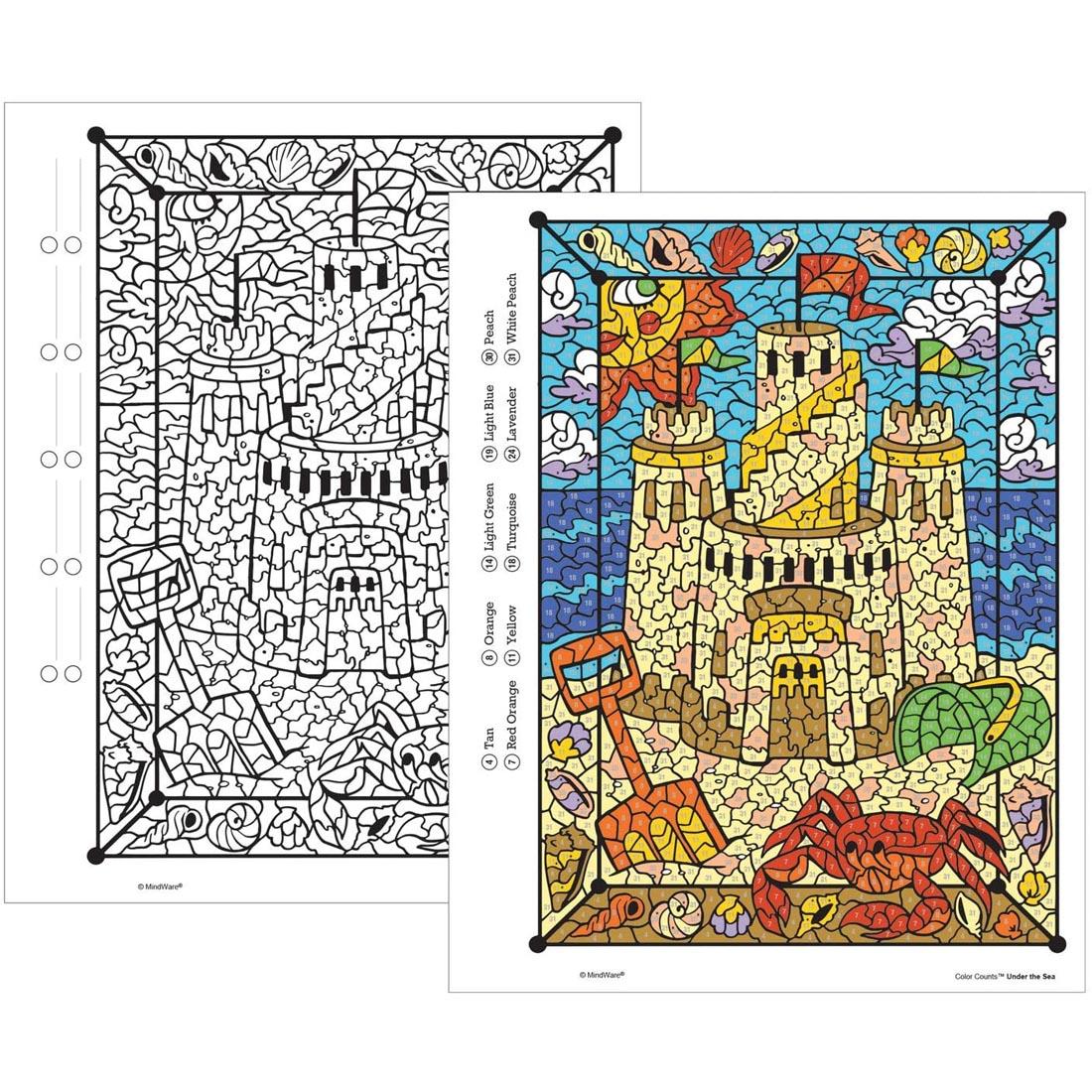 A before and after look at a page from the Mindware Color By Number Glitter Under The Sea Color Counts