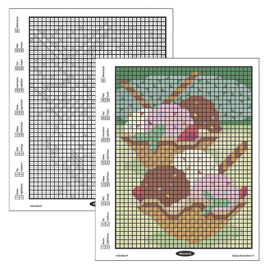 A before and after look at a page from the Color By Number Mystery Mosaics Book 17 by Mindware