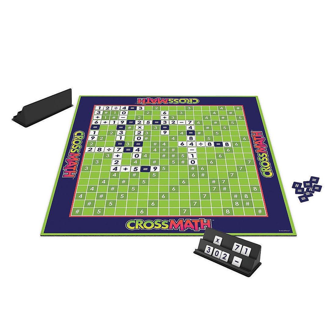 gameboard and contents of the CrossMath Game By Mindware