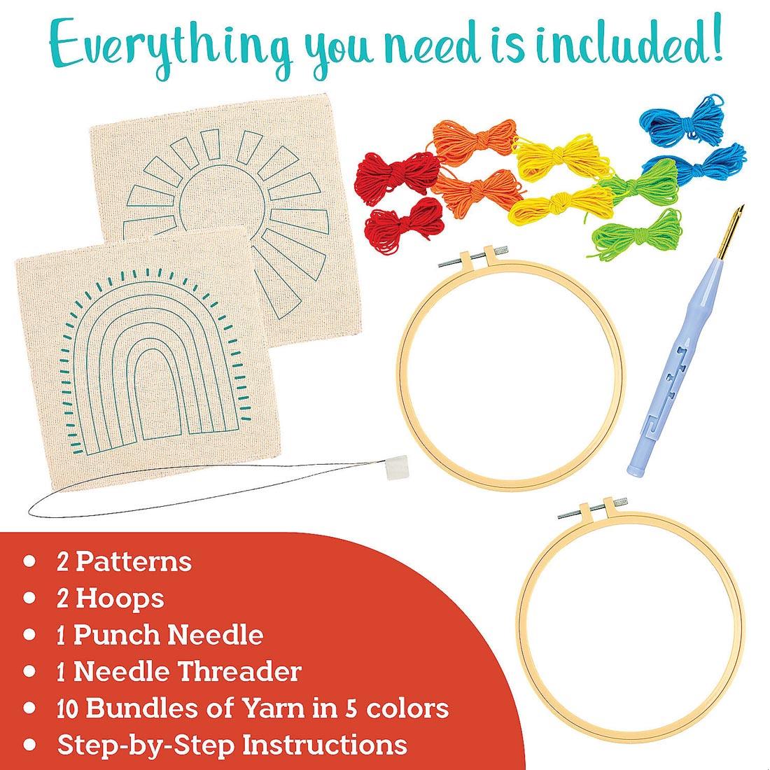 components of Make Your Own Punch Needling Craft Kit plus text Everything you need is included!; 2 Patterns; 2 Hoops; 1 Punch Needle; 1 Needle Threader; 10 Bundles of Yarn in 5 colors; Step-by-Step I