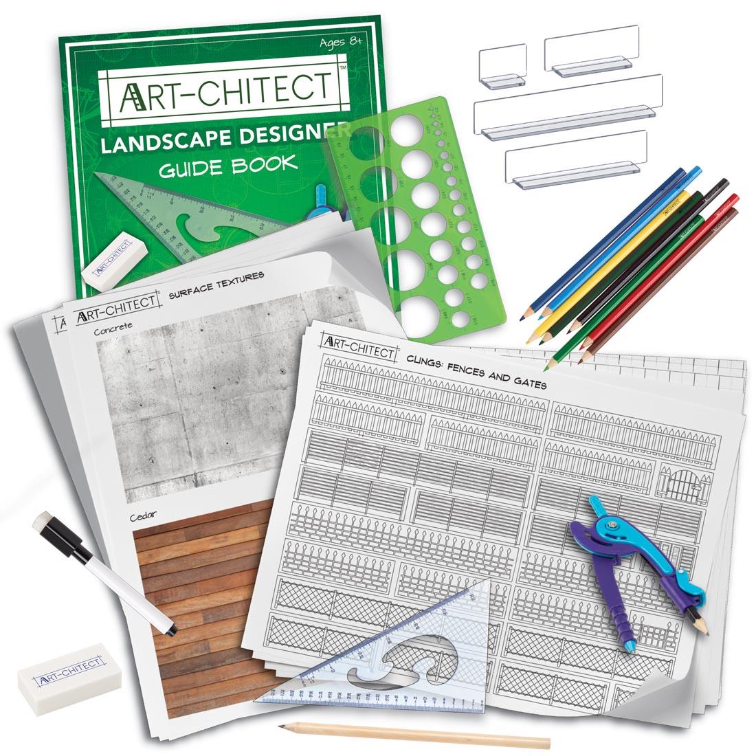 Contents of Art-chitect Landscape Designer Building Set, showing colored pencils, templates, eraser, compass and more