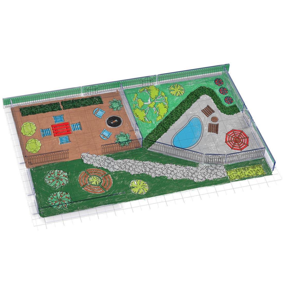 Sample completed landscape scene, showing swimming pool, rock path, patio, vegetation and more