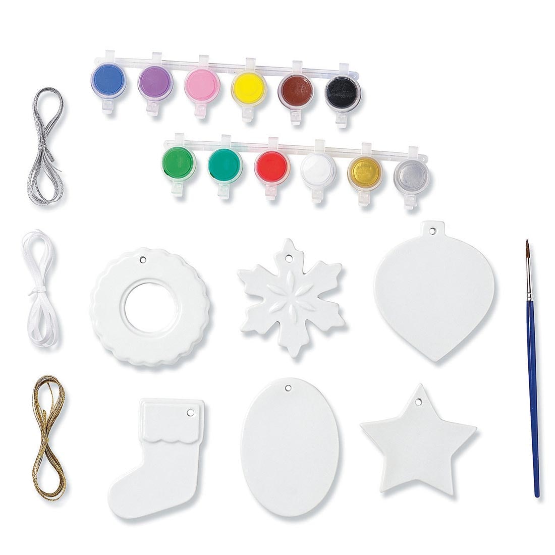 Components of the Paint Your Own Porcelain Christmas Ornaments Kit