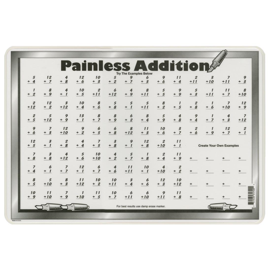 back side of Painless Addition Painless Learning Placemat