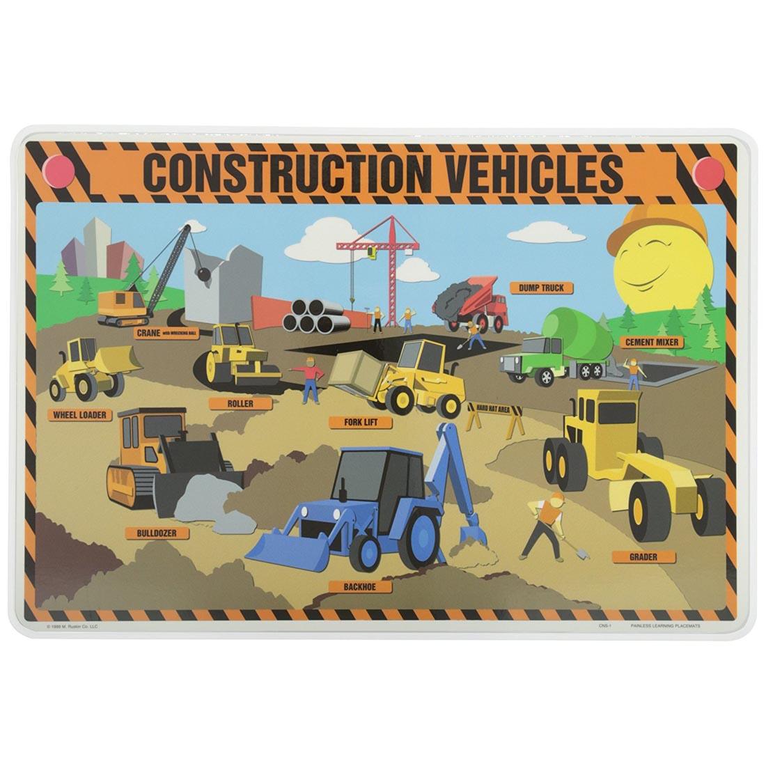 Construction Vehicles Painless Learning Placemat