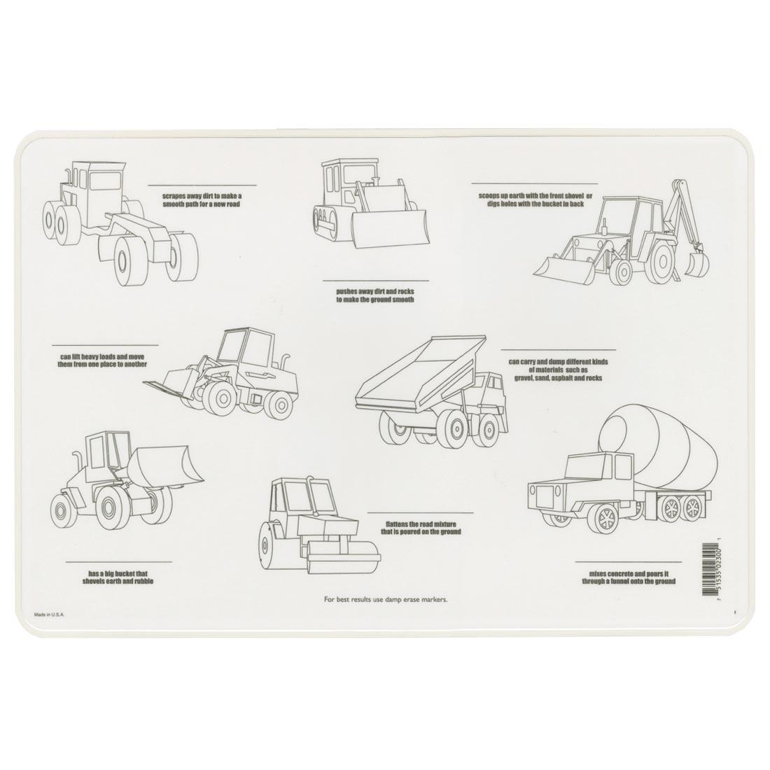 back side of the Construction Vehicles Painless Learning Placemat