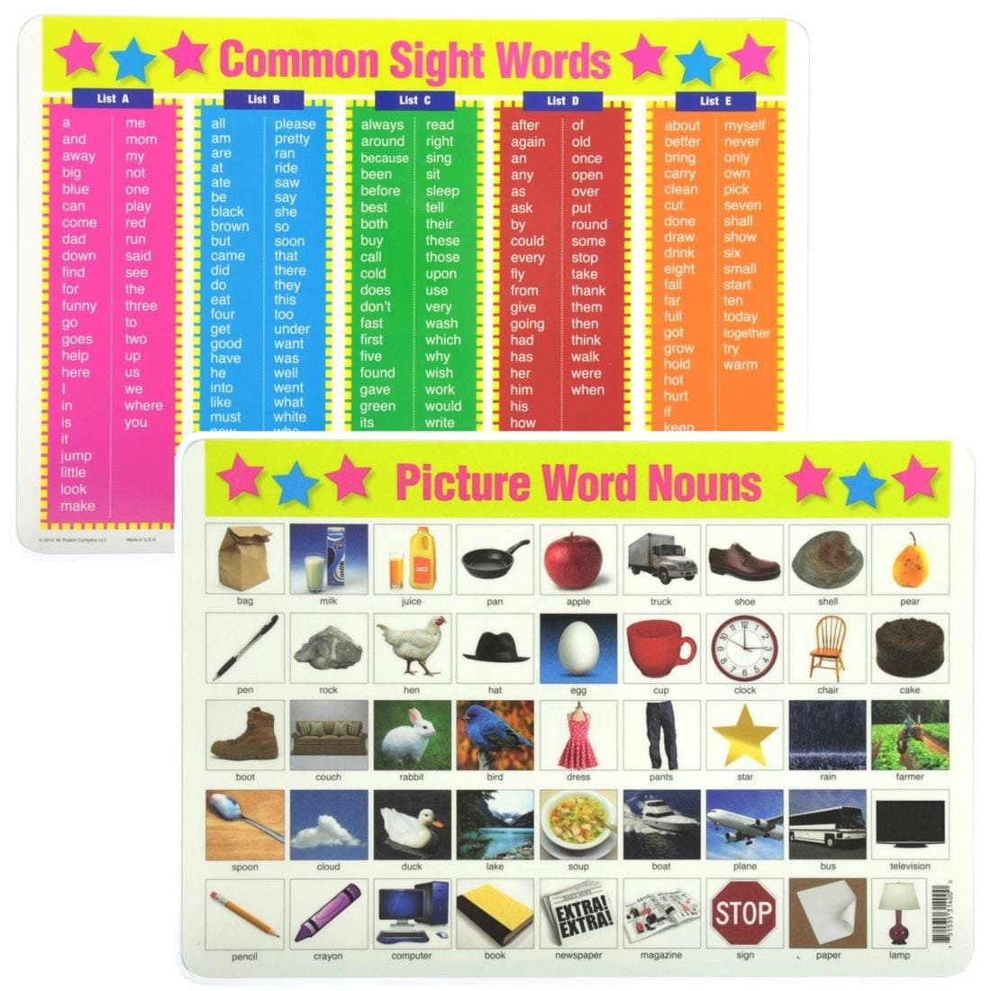 front and back sides of the Common Sight Words and Picture Word Nouns Placemat