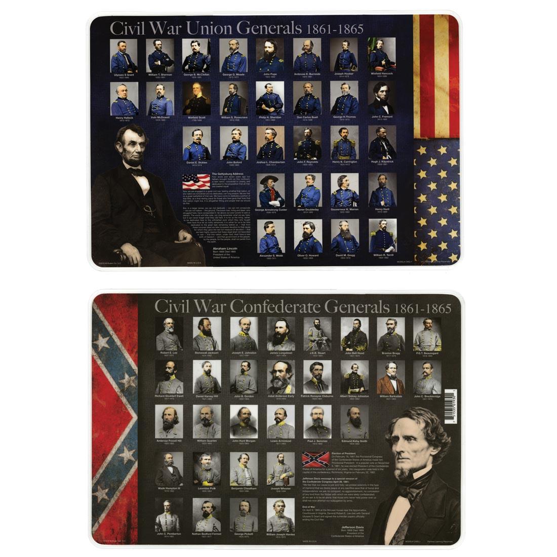 Front and back sides of the Civil War Generals Painless Learning Placemat