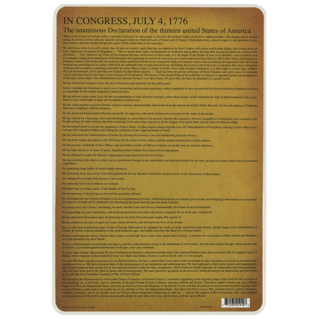 back side of the Declaration of Independence Painless Learning Placemat