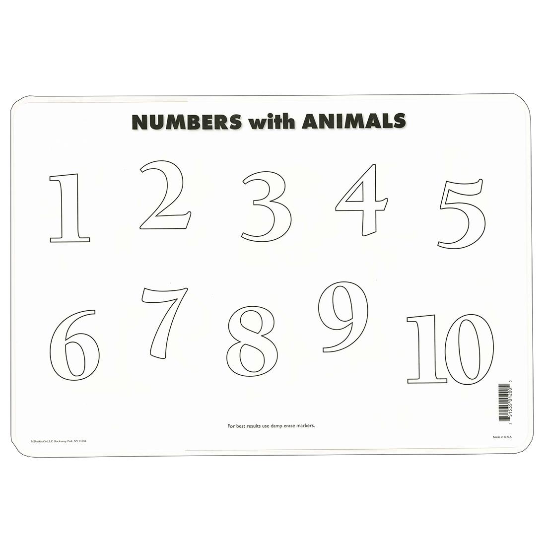 back side of the Numbers With Animals Painless Learning Placemat