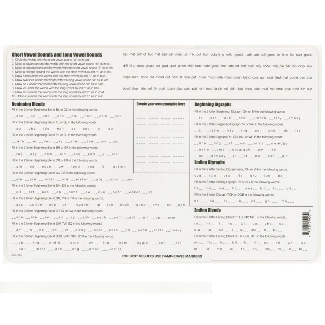 back side of the Phonics Painless Learning Placemat