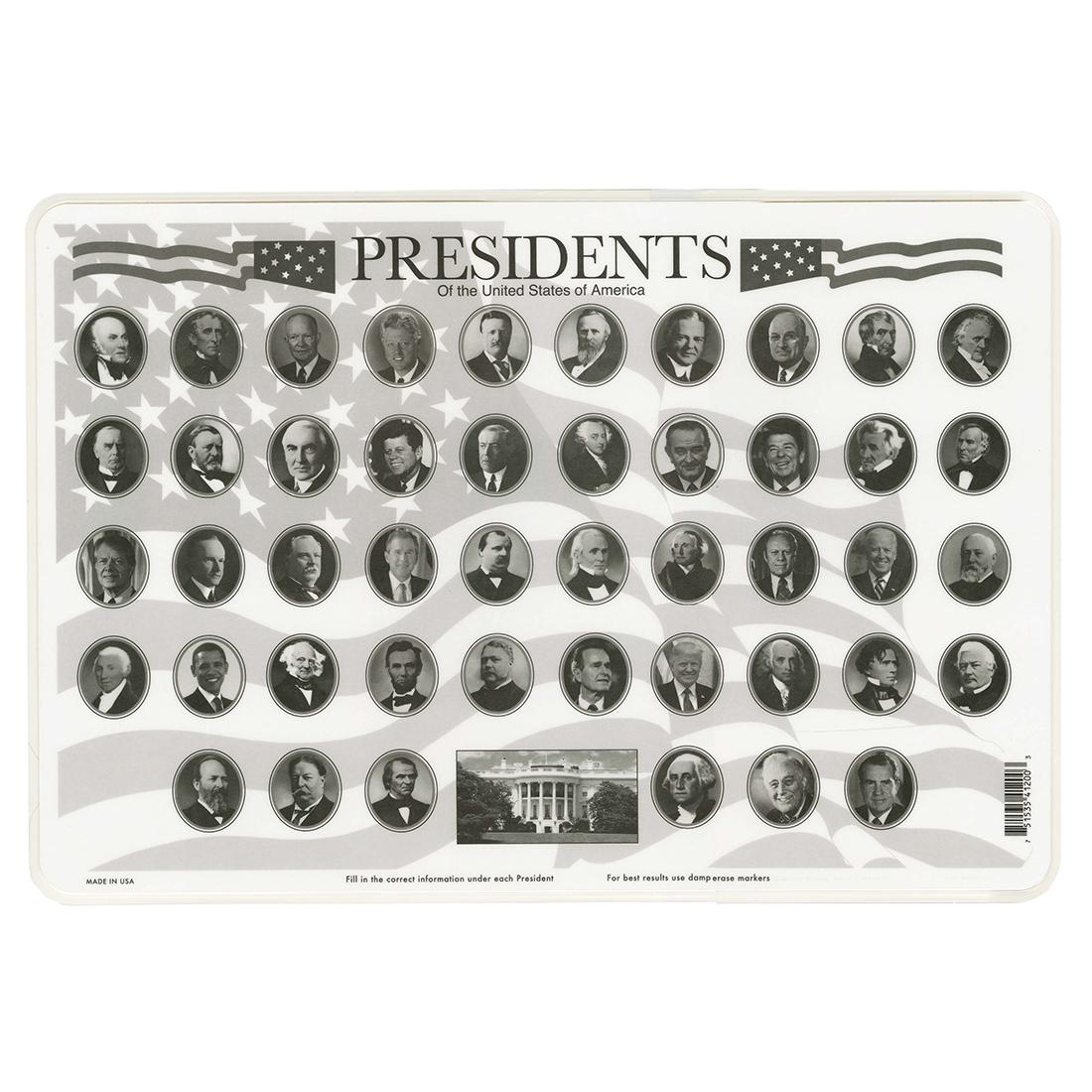 back side of the Presidents Of The United States Painless Learning Placemat