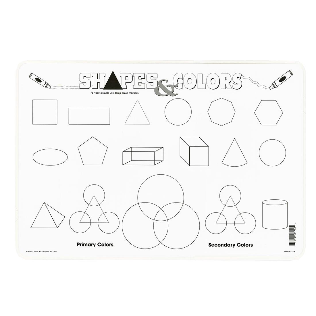 back side of the Shapes & Colors Painless Learning Placemat