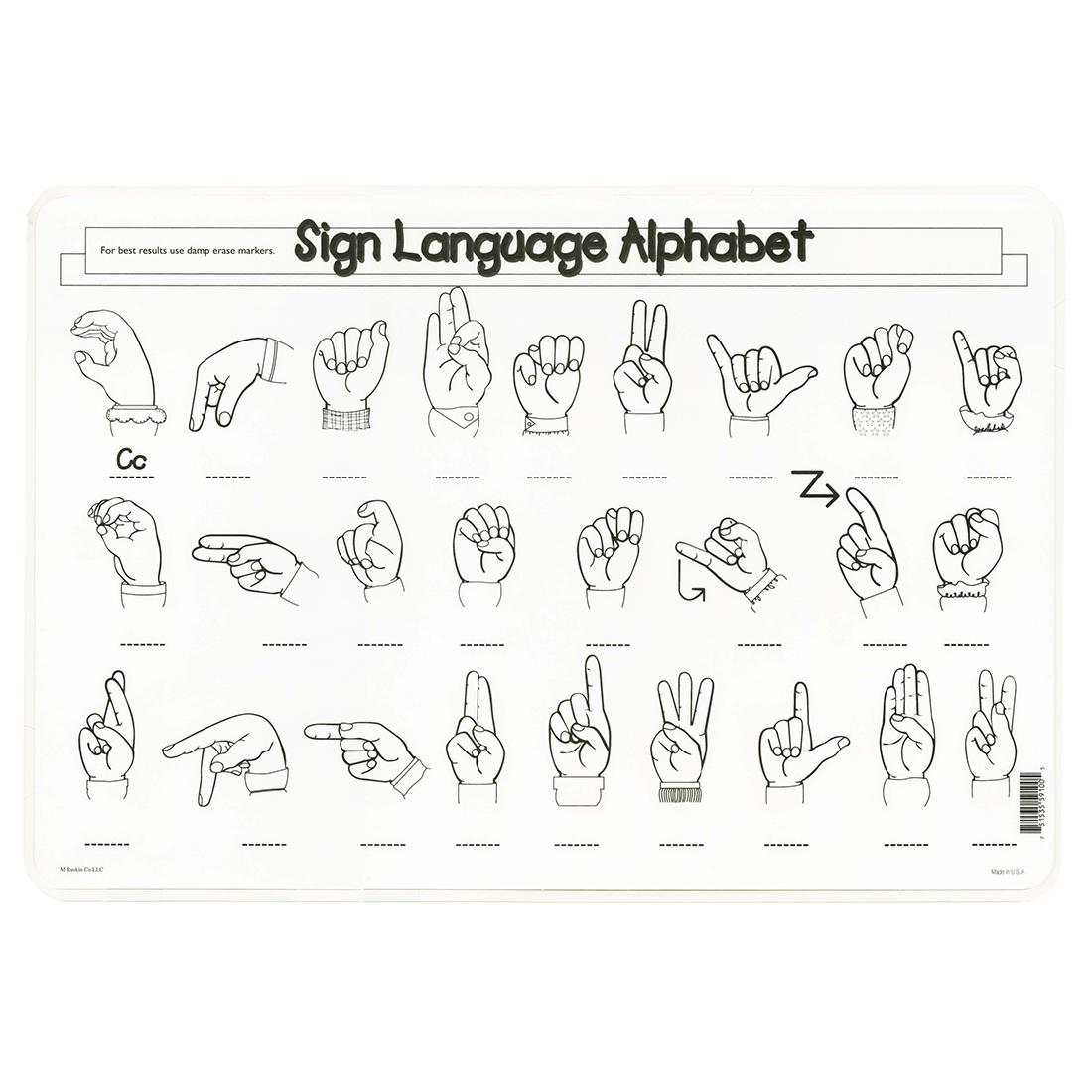 back side of the Sign Language Alphabet Painless Learning Placemat