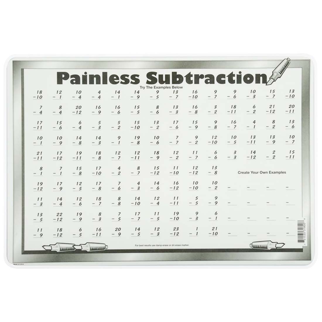 back side of the Painless Subtraction Painless Learning Placemat