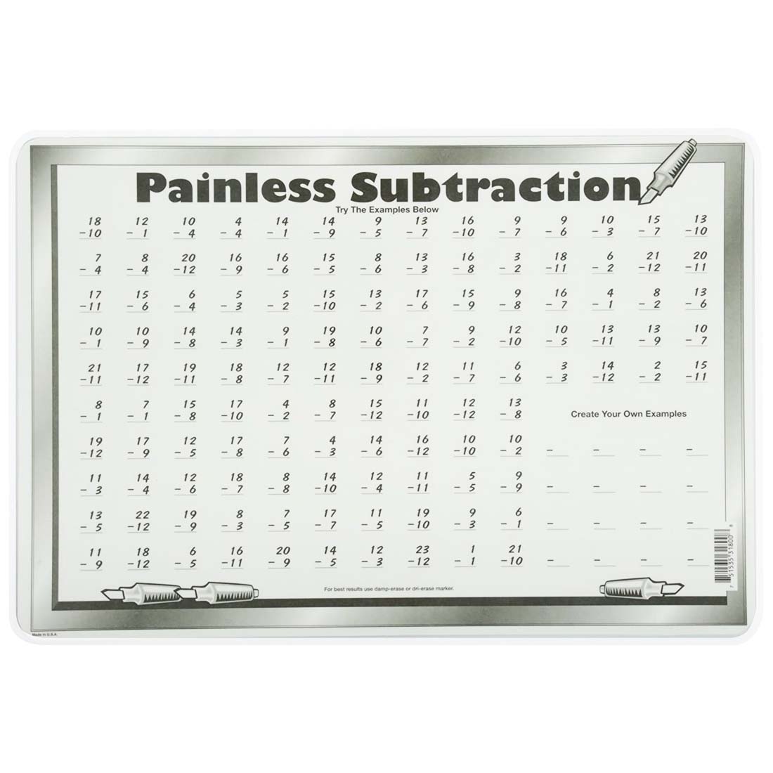 back side of the Painless Subtraction Painless Learning Placemat