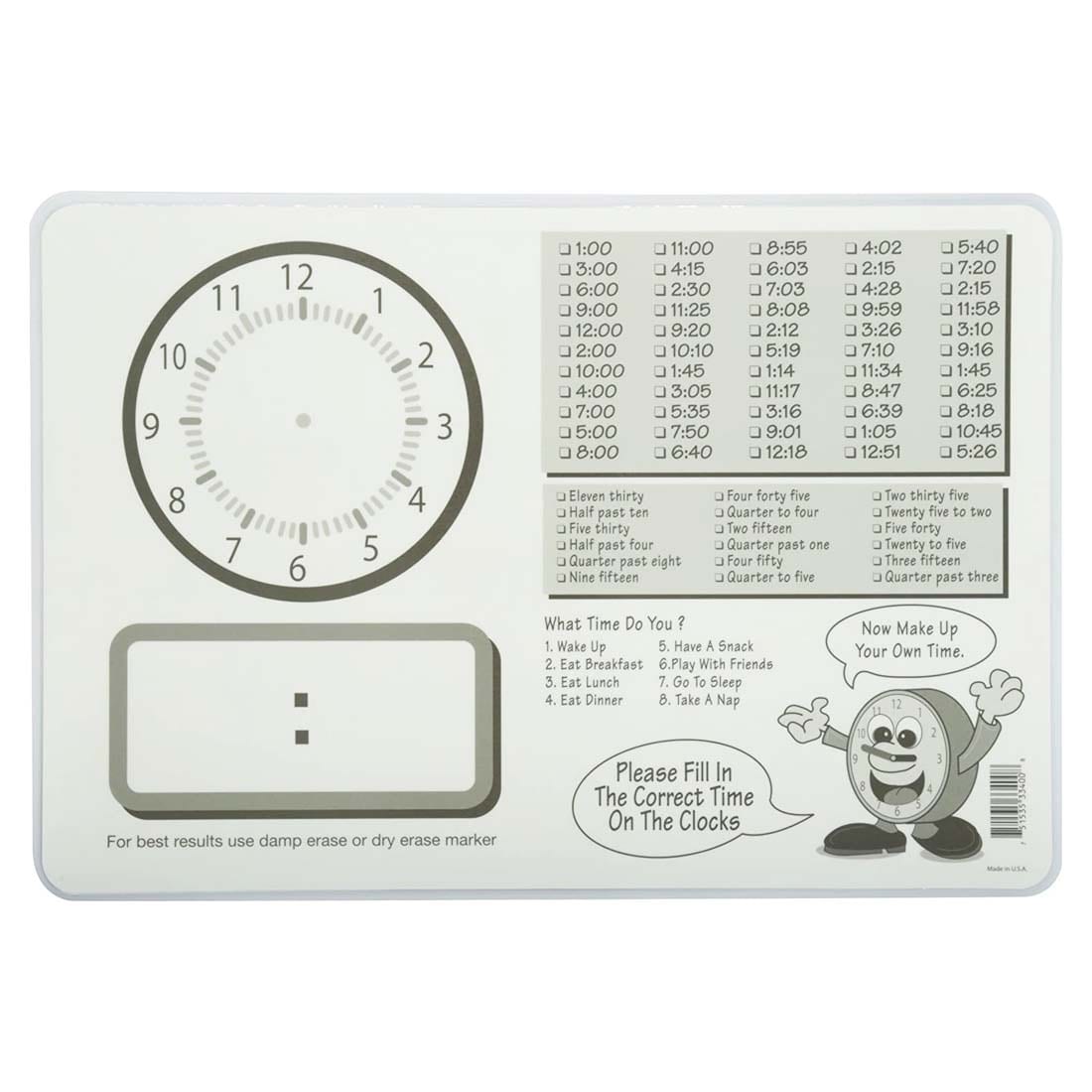 back side of the Time To Tell Time Painless Learning Placemat